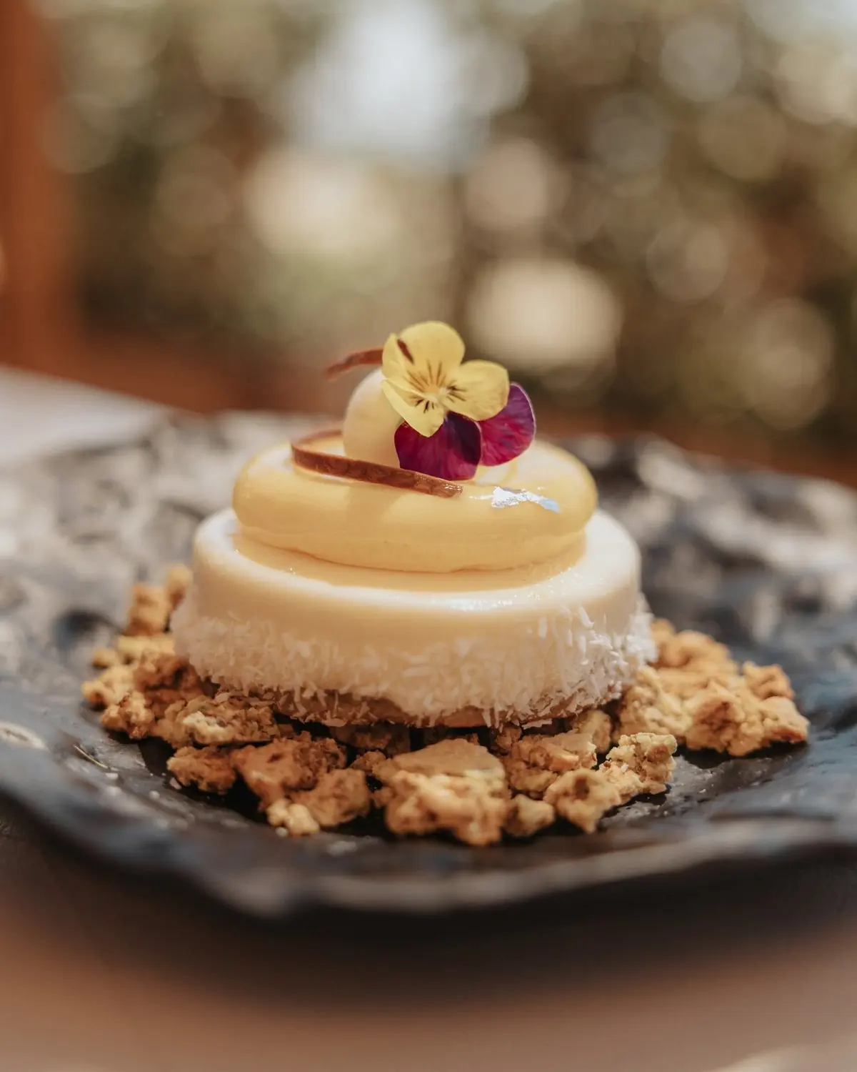 Dessert finished with edible flowers